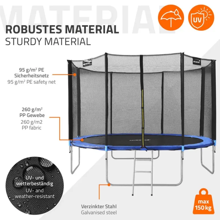 Trampolin Ø427 cm mit Sicherheitsnetz, Leiter und gepolsterten Stangen Blau bis 150kg HAUKI