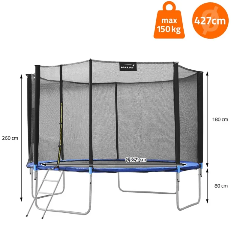 Trampolin Ø427 cm mit Sicherheitsnetz, Leiter und gepolsterten Stangen Blau bis 150kg HAUKI