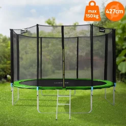 Trampolin Ø427 cm mit Sicherheitsnetz, Leiter und gepolsterten Stangen Grün bis 150kg HAUKI