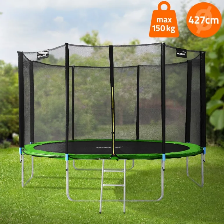 Trampolin Ø427 cm mit Sicherheitsnetz, Leiter und gepolsterten Stangen Grün bis 150kg HAUKI