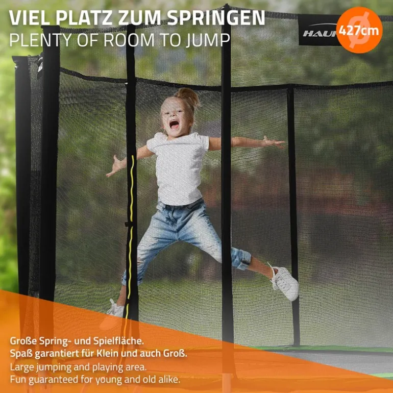 Trampolin Ø427 cm mit Sicherheitsnetz, Leiter und gepolsterten Stangen Grün bis 150kg HAUKI