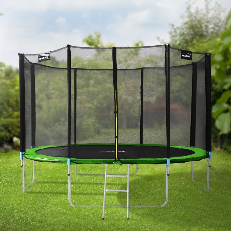 Trampolin Ø427 cm mit Sicherheitsnetz, Leiter und gepolsterten Stangen Grün bis 150kg HAUKI