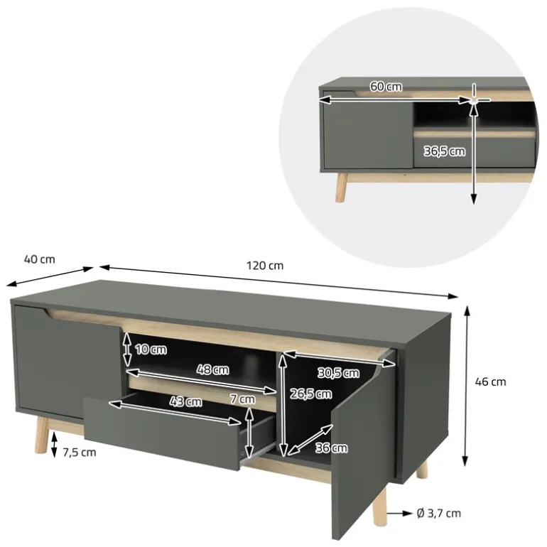 TV Lowboard Fernsehschrank 120x40 cm in mattgrün aus MDF & Kiefernholz ML-Design