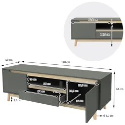 TV Lowboard Fernsehschrank 140x40 cm in mattgrün aus MDF & Kiefernholz ML-Design