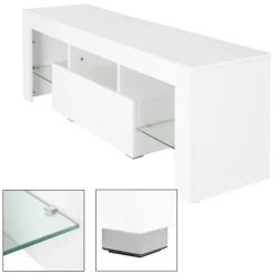 TV Lowboard mit LED-Beleuchtung 130x49x45 cm Weiß inkl. Glasregal ML-Design