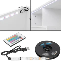 TV Lowboard mit LED-Beleuchtung 130x49x45 cm Weiß inkl. Glasregal ML-Design