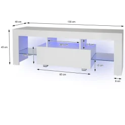TV Lowboard mit LED-Beleuchtung 130x49x45 cm Weiß inkl. Glasregal ML-Design