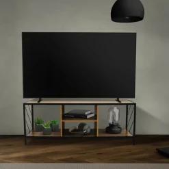 TV-Lowboard 120x40 cm mit Eiche-Rustikal Dekor und Stahlgestell in Schwarz TV Schrank mit 4 Fächern ML-Design