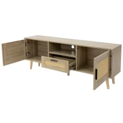TV-Schrank Lowboard 140x50,5x30 cm Holz Eiche-Optik und Rattan Front TV-Board für Fernseher bis 65 Zoll ML-Design