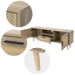 TV-Schrank Lowboard 140x50,5x30 cm Holz Eiche-Optik und Rattan Front TV-Board für Fernseher bis 65 Zoll ML-Design