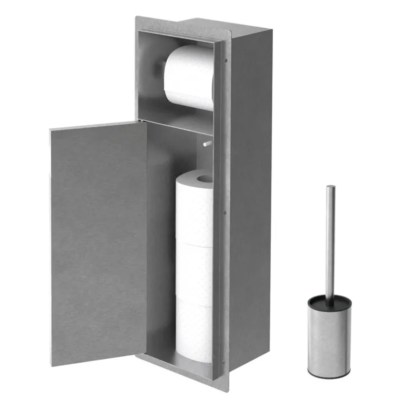 Unterputz-Schrankmodul befliesbar mit Toilettenbürste 60x20x14cm, Silber, Edelstahl WC Wandnische LuxeBath