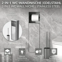Unterputz-Schrankmodul befliesbar mit Toilettenbürste 60x20x14cm, Silber, Edelstahl WC Wandnische LuxeBath