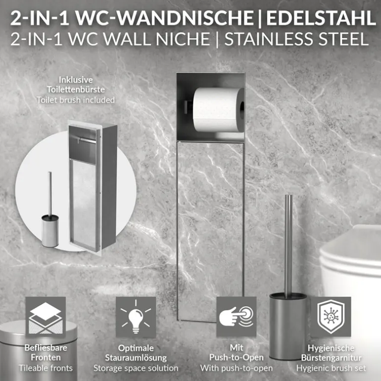 Unterputz-Schrankmodul befliesbar mit Toilettenbürste 60x20x14cm, Silber, Edelstahl WC Wandnische LuxeBath
