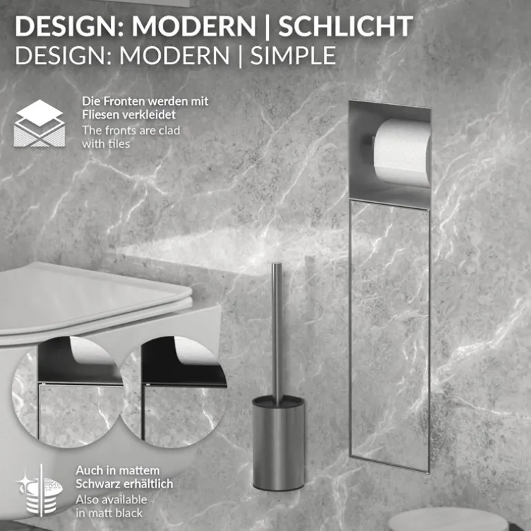 Unterputz-Schrankmodul befliesbar mit Toilettenbürste 60x20x14cm, Silber, Edelstahl WC Wandnische LuxeBath