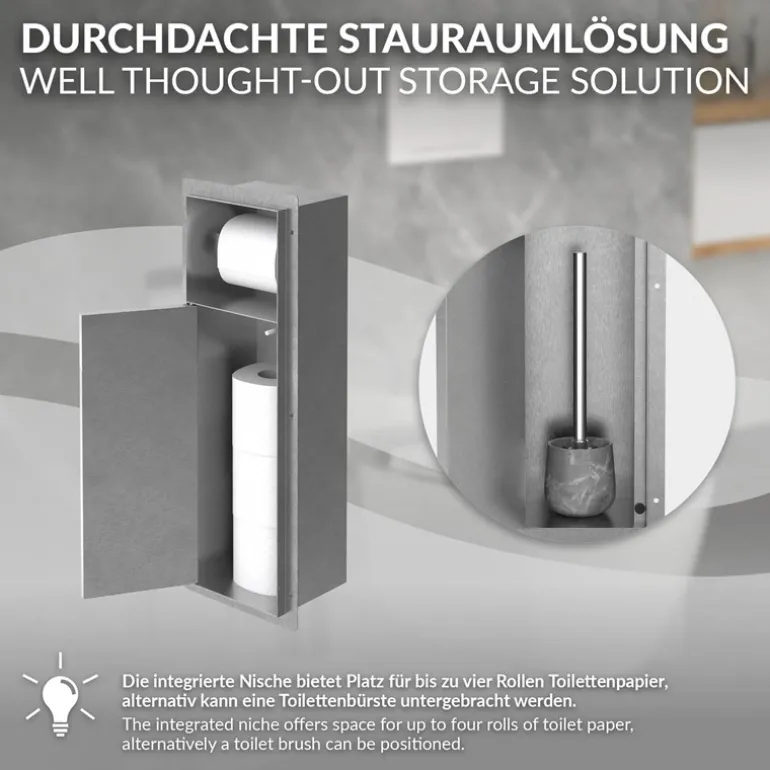 Unterputz-Schrankmodul befliesbar mit Toilettenbürste 60x20x14cm, Silber, Edelstahl WC Wandnische LuxeBath