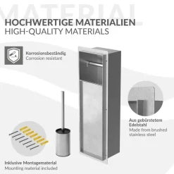 Unterputz-Schrankmodul befliesbar mit Toilettenbürste 60x20x14cm, Silber, Edelstahl WC Wandnische LuxeBath