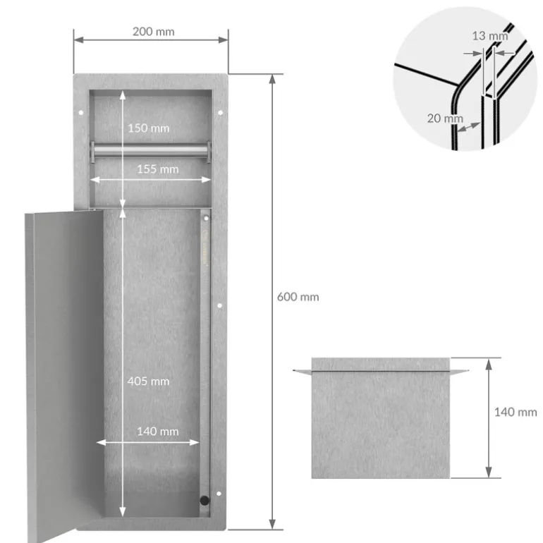 Unterputz-Schrankmodul befliesbar mit Toilettenbürste 60x20x14cm, Silber, Edelstahl WC Wandnische LuxeBath