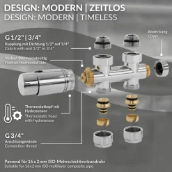 Ventil Armaturen Set Multiblock Chrome Durchgangsform inkl. Thermostatkopf LuxeBath