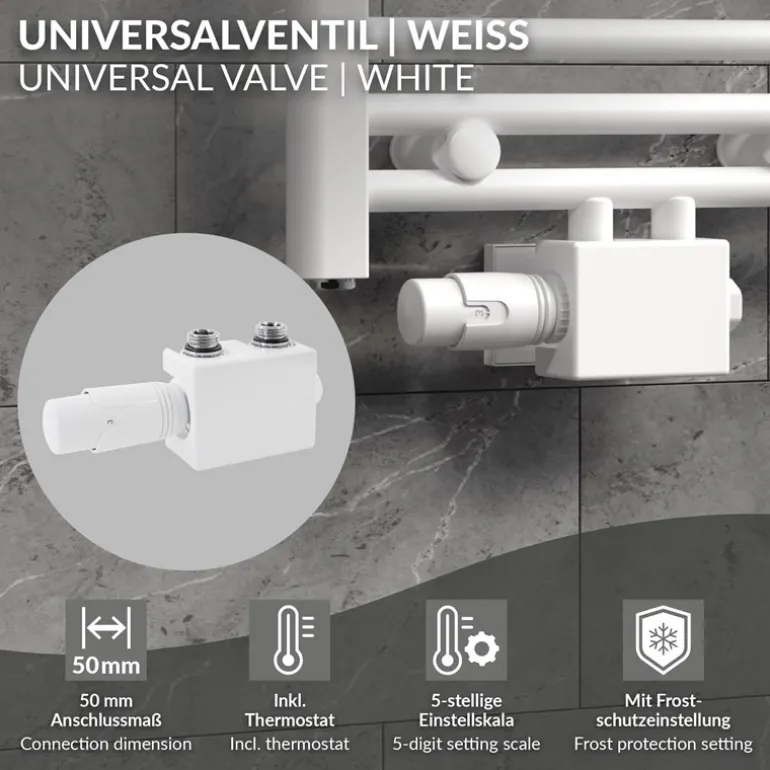 Ventil-Armaturen Set Weiß Universal für Eck- und Durchgangsform inkl. Thermostatkopf LuxeBath
