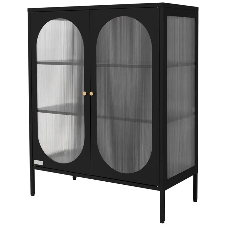 Vitrinenschrank doppeltürig 80x102,5x40 cm Vitrine mit 2 Einlegeböden Schwarz aus Stahl ML-Design
