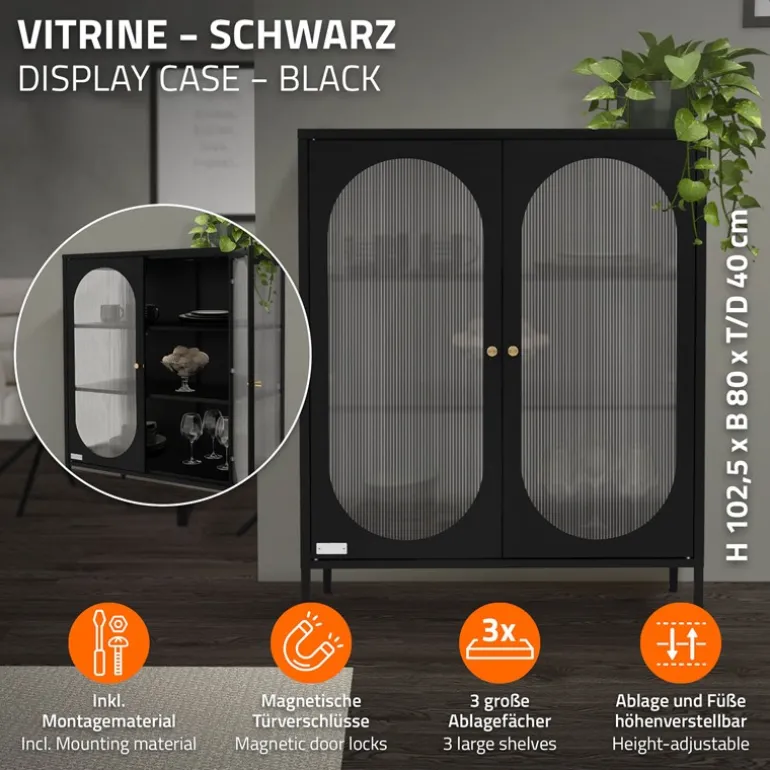 Vitrinenschrank doppeltürig 80x102,5x40 cm Vitrine mit 2 Einlegeböden Schwarz aus Stahl ML-Design