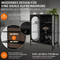 Vitrinenschrank doppeltürig 80x102,5x40 cm Vitrine mit 2 Einlegeböden Schwarz aus Stahl ML-Design