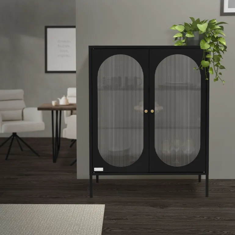 Vitrinenschrank doppeltürig 80x102,5x40 cm Vitrine mit 2 Einlegeböden Schwarz aus Stahl ML-Design