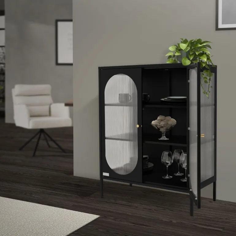 Vitrinenschrank doppeltürig 80x102,5x40 cm Vitrine mit 2 Einlegeböden Schwarz aus Stahl ML-Design