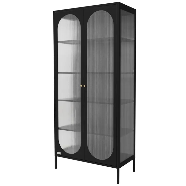 Vitrinenschrank doppeltürig 80x175x40 cm Vitrine mit 4 Einlegeböden Schwarz aus Stahl ML-Design