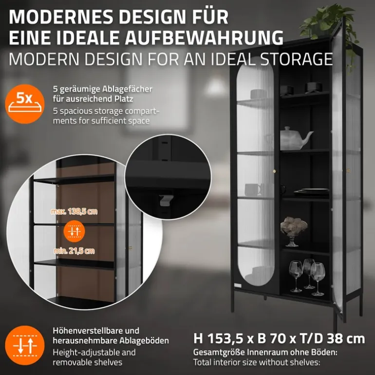 Vitrinenschrank doppeltürig 80x175x40 cm Vitrine mit 4 Einlegeböden Schwarz aus Stahl ML-Design