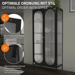 Vitrinenschrank doppeltürig 80x175x40 cm Vitrine mit 4 Einlegeböden Schwarz aus Stahl ML-Design