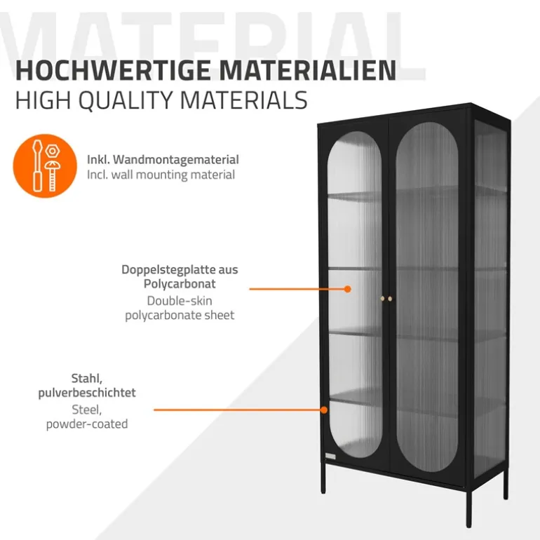 Vitrinenschrank doppeltürig 80x175x40 cm Vitrine mit 4 Einlegeböden Schwarz aus Stahl ML-Design