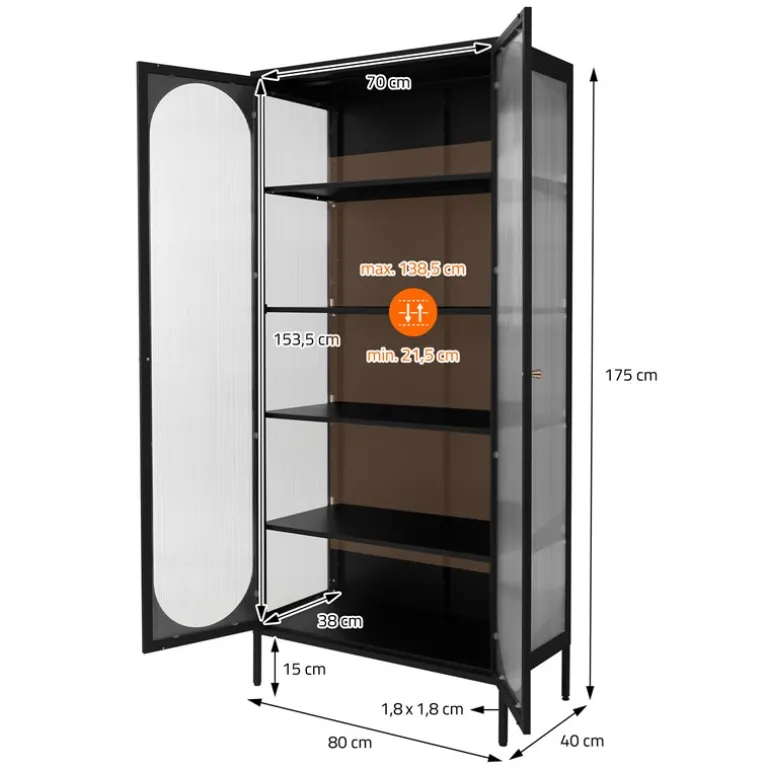 Vitrinenschrank doppeltürig 80x175x40 cm Vitrine mit 4 Einlegeböden Schwarz aus Stahl ML-Design