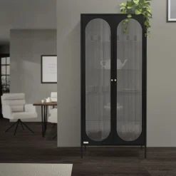 Vitrinenschrank doppeltürig 80x175x40 cm Vitrine mit 4 Einlegeböden Schwarz aus Stahl ML-Design