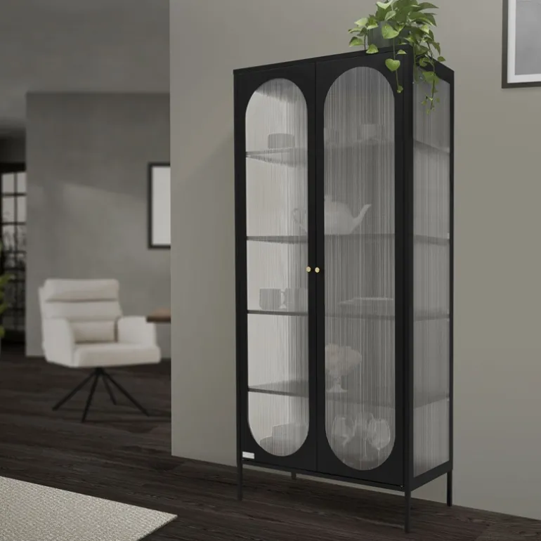 Vitrinenschrank doppeltürig 80x175x40 cm Vitrine mit 4 Einlegeböden Schwarz aus Stahl ML-Design