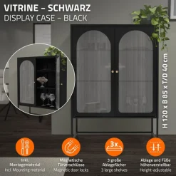 Vitrinenschrank doppeltürig 85x102x40 cm Vitrine mit 2 Einlegeböden Schwarz aus Stahl ML-Design