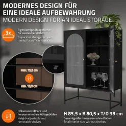 Vitrinenschrank doppeltürig 85x102x40 cm Vitrine mit 2 Einlegeböden Schwarz aus Stahl ML-Design
