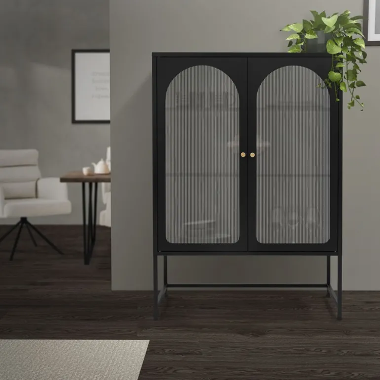 Vitrinenschrank doppeltürig 85x102x40 cm Vitrine mit 2 Einlegeböden Schwarz aus Stahl ML-Design