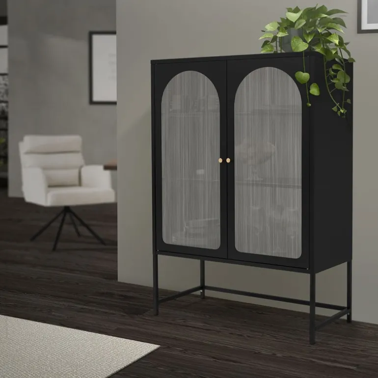 Vitrinenschrank doppeltürig 85x102x40 cm Vitrine mit 2 Einlegeböden Schwarz aus Stahl ML-Design