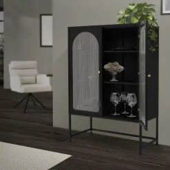Vitrinenschrank doppeltürig 85x102x40 cm Vitrine mit 2 Einlegeböden Schwarz aus Stahl ML-Design