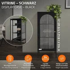 Vitrinenschrank mit Scheibe 42x102,5x40 cm Vitrine mit 2 Einlegeböden Schwarz aus Stahl ML-Design