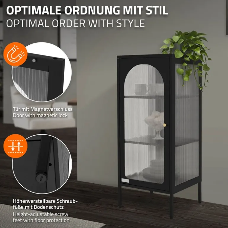 Vitrinenschrank mit Scheibe 42x102,5x40 cm Vitrine mit 2 Einlegeböden Schwarz aus Stahl ML-Design