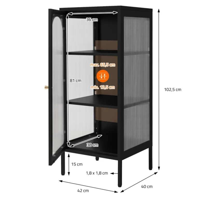 Vitrinenschrank mit Scheibe 42x102,5x40 cm Vitrine mit 2 Einlegeböden Schwarz aus Stahl ML-Design