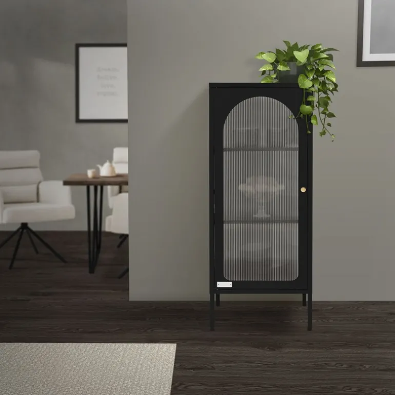 Vitrinenschrank mit Scheibe 42x102,5x40 cm Vitrine mit 2 Einlegeböden Schwarz aus Stahl ML-Design