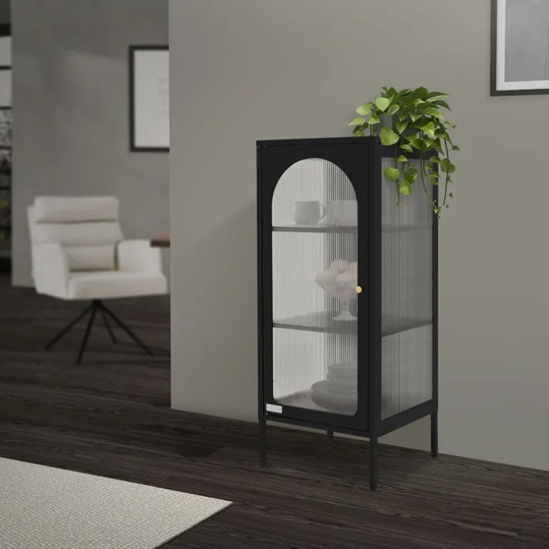 Vitrinenschrank mit Scheibe 42x102,5x40 cm Vitrine mit 2 Einlegeböden Schwarz aus Stahl ML-Design