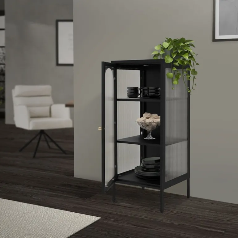 Vitrinenschrank mit Scheibe 42x102,5x40 cm Vitrine mit 2 Einlegeböden Schwarz aus Stahl ML-Design