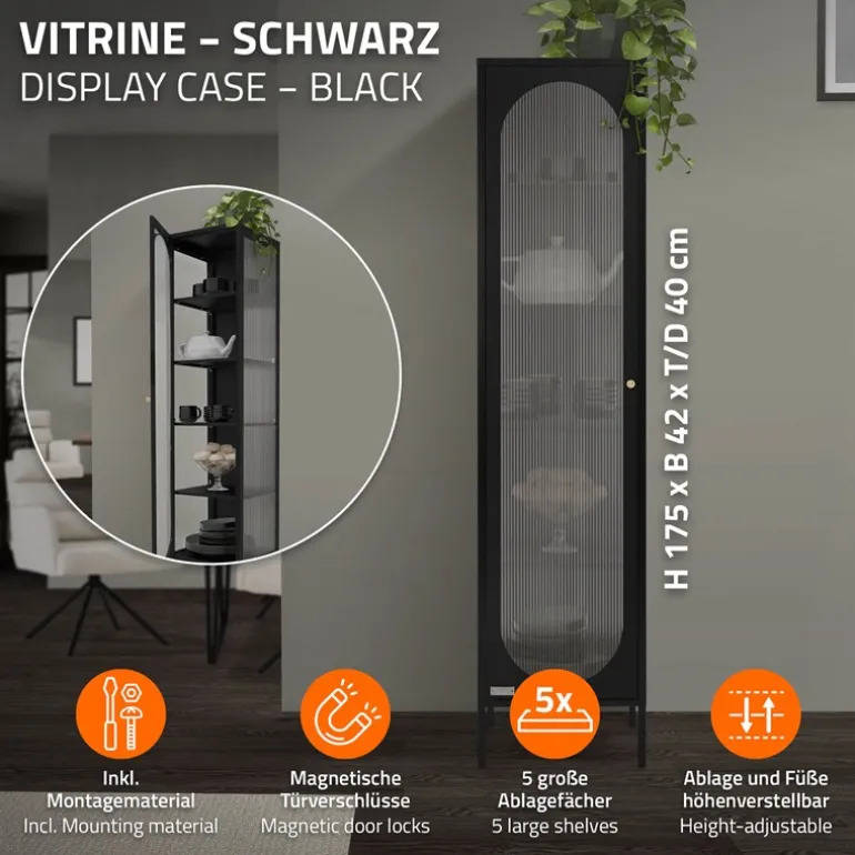 Vitrinenschrank 42x175x40 cm Vitrine mit 4 Einlegeböden Schwarz aus Stahl ML-Design
