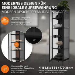 Vitrinenschrank 42x175x40 cm Vitrine mit 4 Einlegeböden Schwarz aus Stahl ML-Design