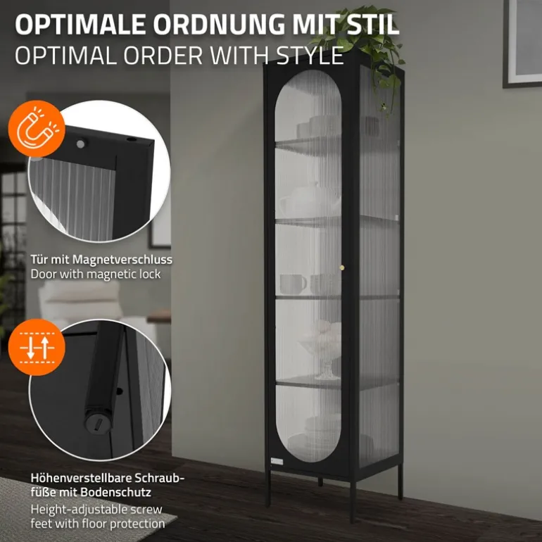 Vitrinenschrank 42x175x40 cm Vitrine mit 4 Einlegeböden Schwarz aus Stahl ML-Design