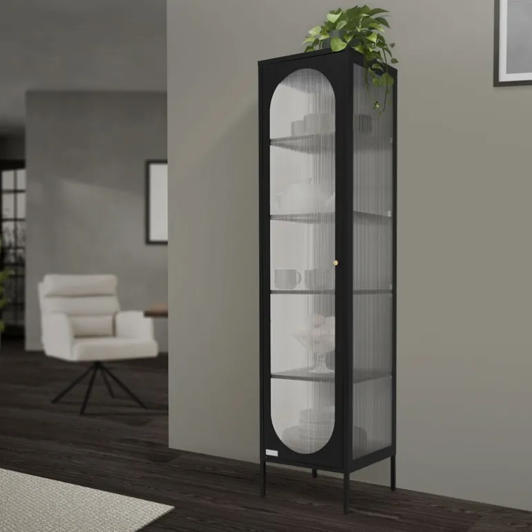 Vitrinenschrank 42x175x40 cm Vitrine mit 4 Einlegeböden Schwarz aus Stahl ML-Design